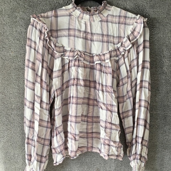free People Plaid Ruffle Mock Neck Blouse- Sz Small - Picture 2 of 13